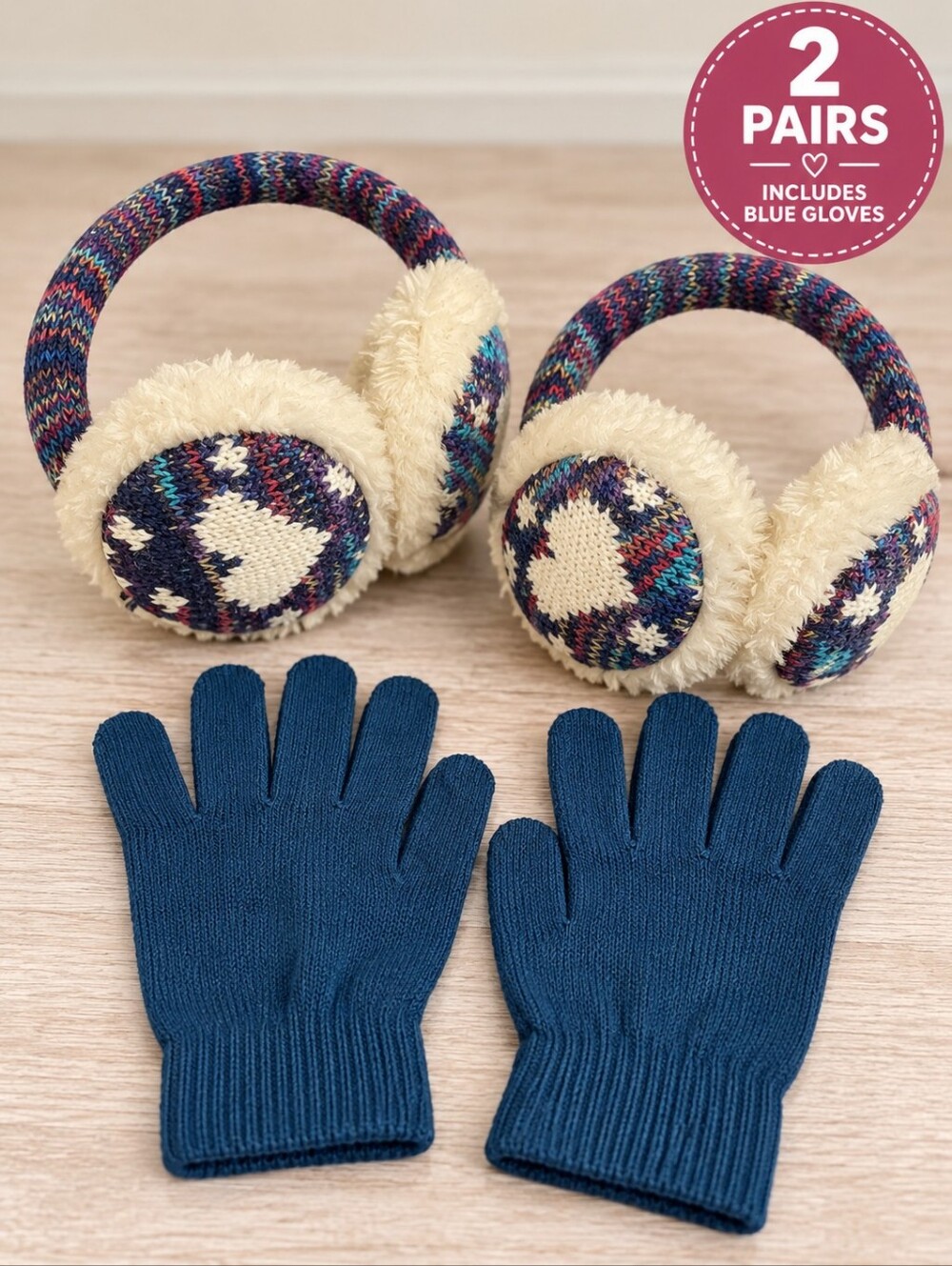 N'Ice Caps Girls Heart Plush Earmuffs Lot of 2 + Blue Gloves Adjustable Winter